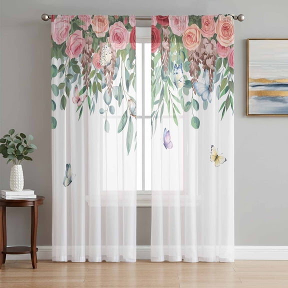 Watercolor Roses Sheer Curtains 84 Inch Length 2 Panels Set, Spring Flowers Leaves Butterflies Botanical Voile Window Treatment Curtains Sheers Drapes for Bedroom/Living Room/Kitchen 52"x84"x2