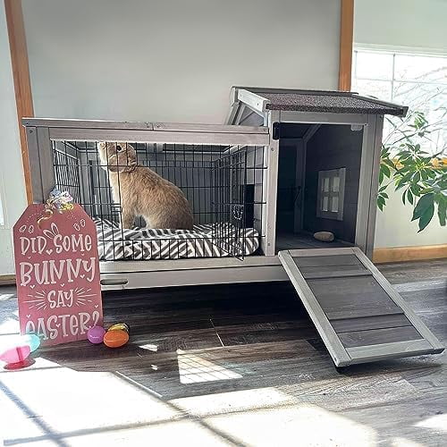 BUTINGLALE Wooden Rabbit Hutch with Removable Wire Floor Grid, Bunny Cage with Deeper Leakproof Tray 4 Wheels Include