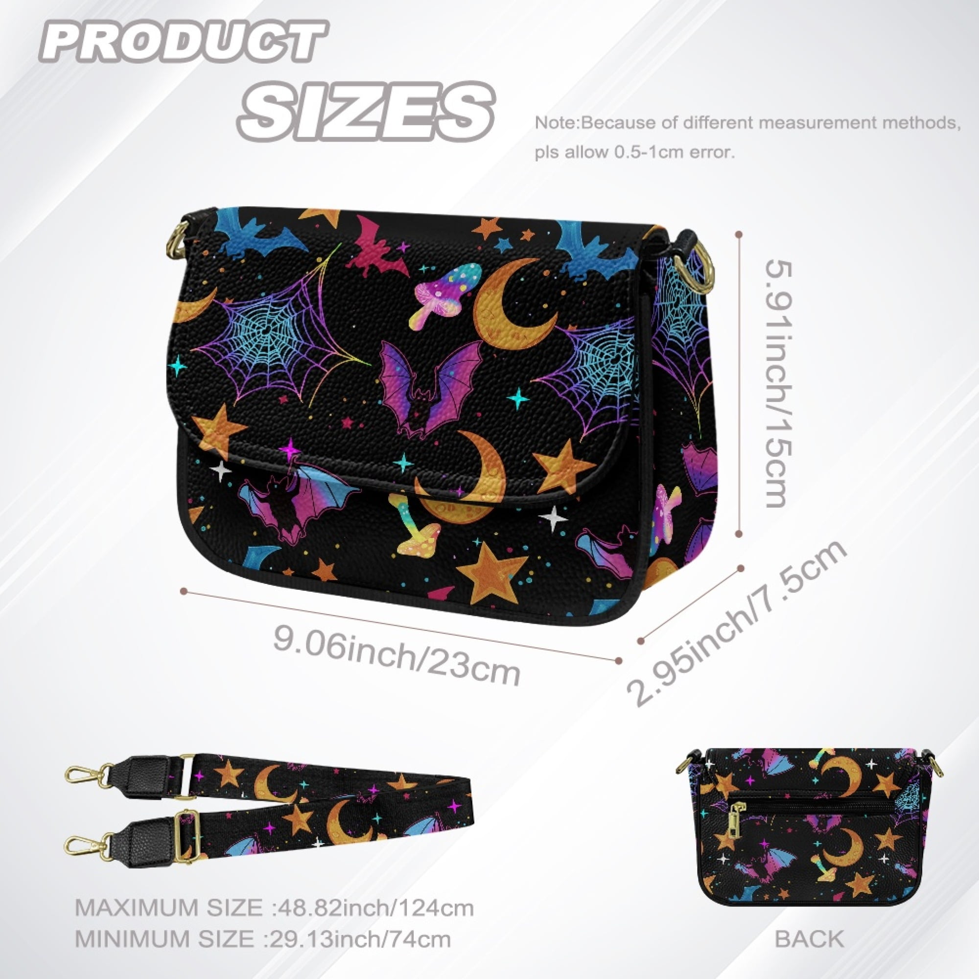 TSOVTHRID Crossbody Bags for Women Trendy, Small Shoulder Handbags, PU Leather Cross Body Purses with Zipper Inner Pocket, Bat Cobweb Moon Star Mushroom Print