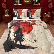Castle Fairy Japanese Samurai Twin Bedding Sets 7-Piece for Kids Teens Adults,Black Red Maple Leaves Bedding Comforter Set Microfiber,Exotic Style Breathable Sheet Sets,Luxury Bedroom Decor