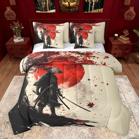 Castle Fairy Japanese Samurai Twin Bedding Sets 7-Piece for Kids Teens Adults,Black Red Maple Leaves Bedding Comforter Set Microfiber,Exotic Style Breathable Sheet Sets,Luxury Bedroom Decor