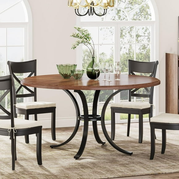 Tribesigns 47" Round Dining Table for 4-6 People, Farmhouse Kitchen Table with Wooden Texture Surface & Pedestal Base, Round Table for Dining Room, Living Room (Brown)