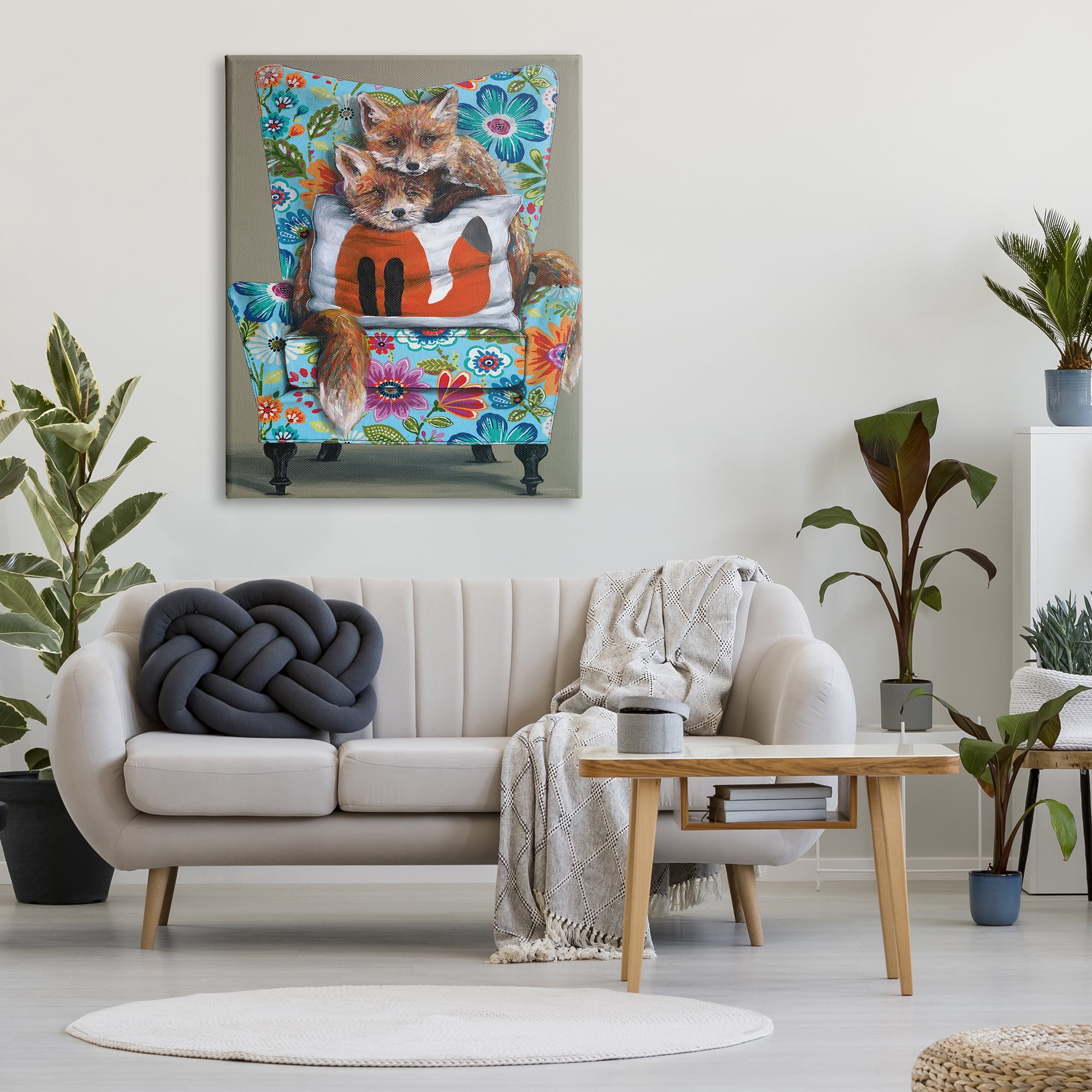 Stupell Industries Red Fox Pair Sitting Chair Spring Floral Pattern, 36 x 48, Design by Kamdon Kreations