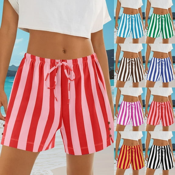 QATAINLAV Womens Fashion Striped Boxer Shorts Casual Drawstring Elastic Waist Pajama Lounge Shorts Loose Wide Leg Short Beach Pants Black XXL Mother's Day Gifts