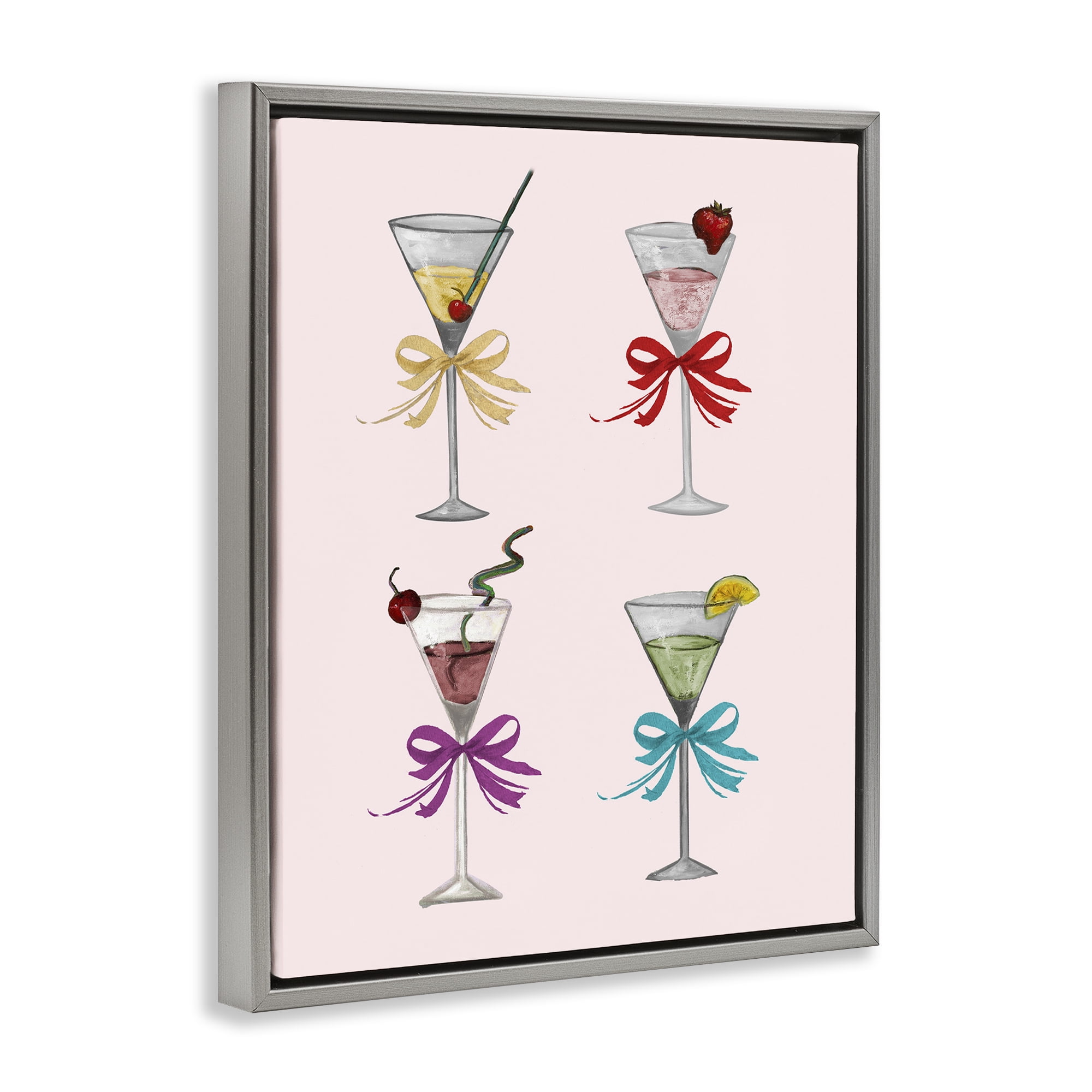 Stupell Industries Cute Ribbon Cocktails Food & Beverage Painting Gray Floater Framed Canvas Art Print Wall Art, 25 x 31