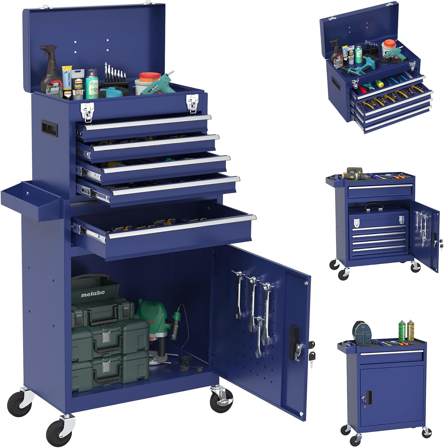 Rolling Tool Box with Wheels, 8-Drawer High Capacity Tool Chest with Wheels, Removable Storage Toolbox with Lock for Garage, Workshop (Black)