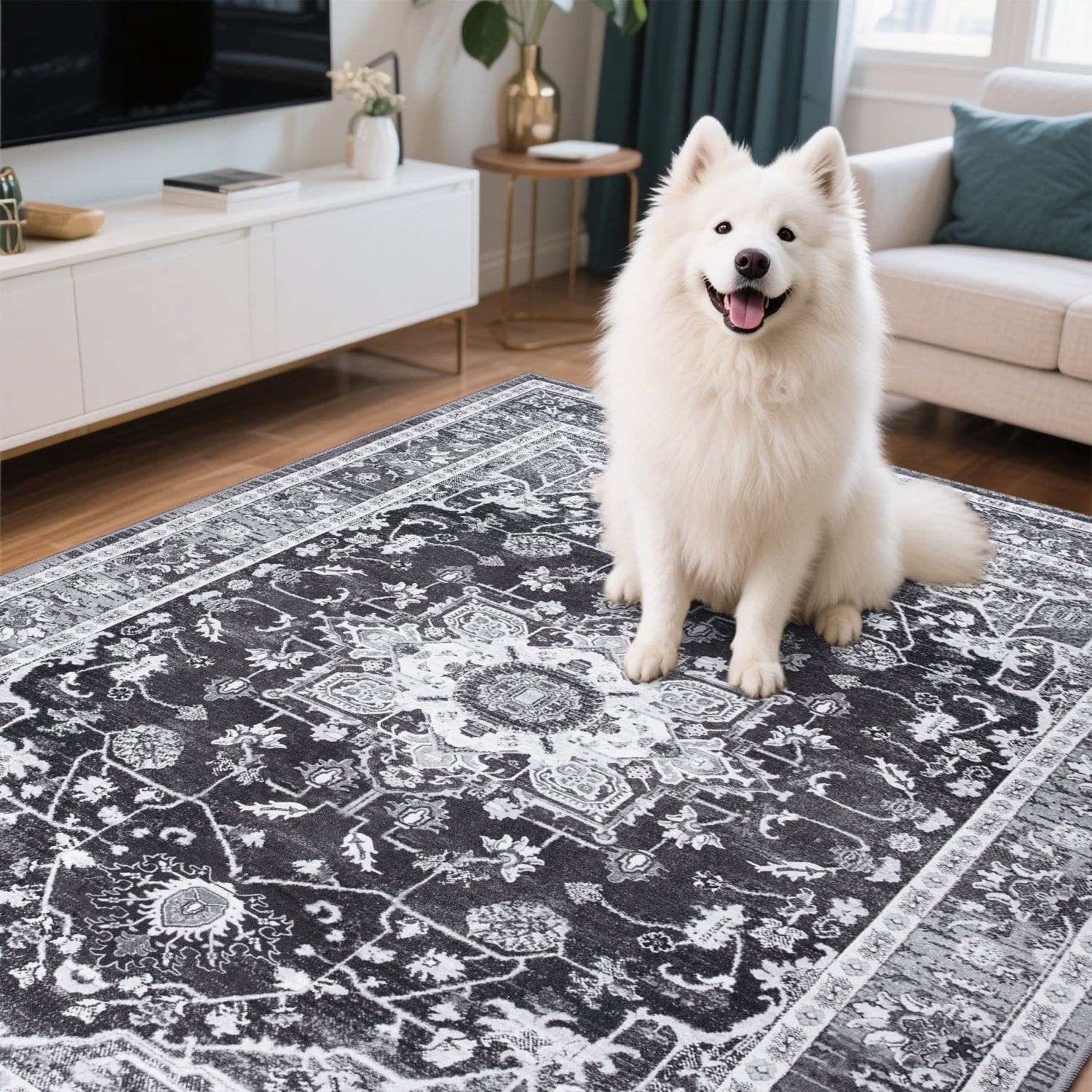 Softlife Gray Persian Medallion Area Rug Low Pile Non Slip Oriental Carpet for Living Room, 8' x 10'
