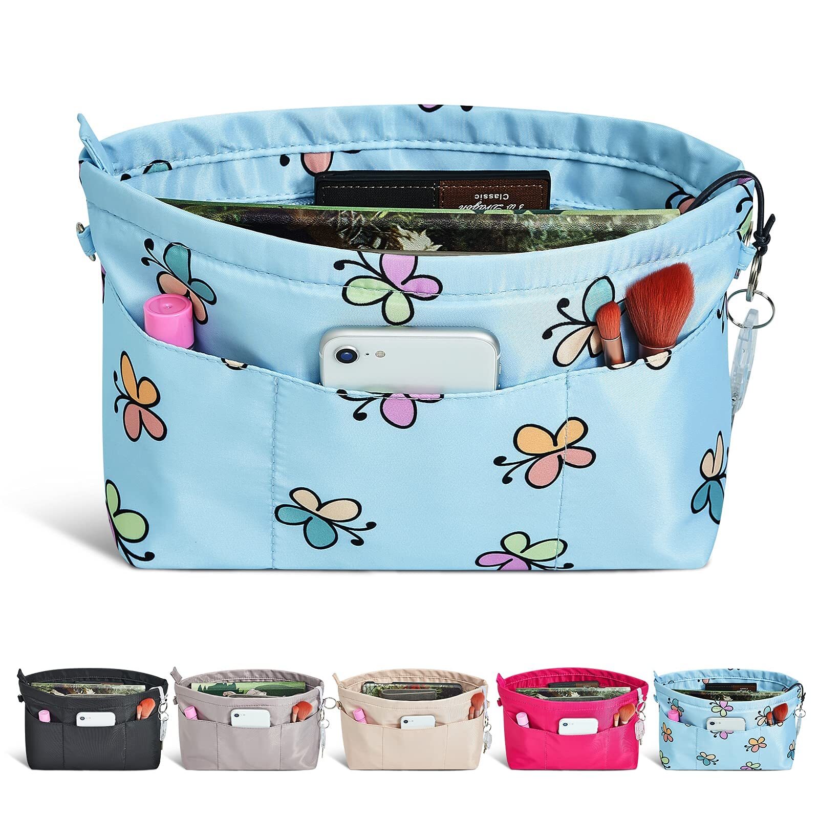 Premium Nylon Purse Organizer Tote Handbag Insert Organizers Bag in Bag Zipper 13 Pockets Blue