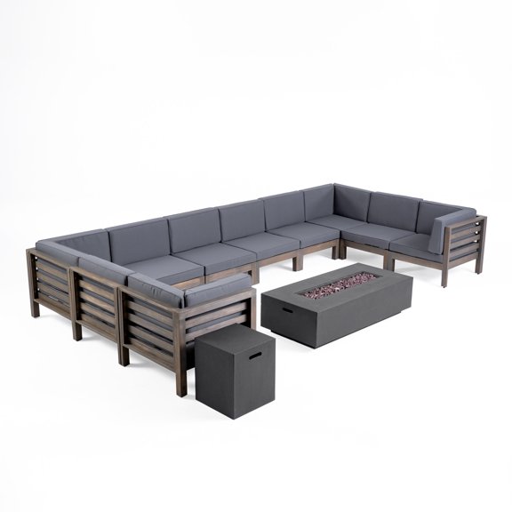 GDF Studio Cascada Outdoor Acacia Wood 10 Seater Sectional Sofa Set with Fire Pit, Gray and Dark Gray