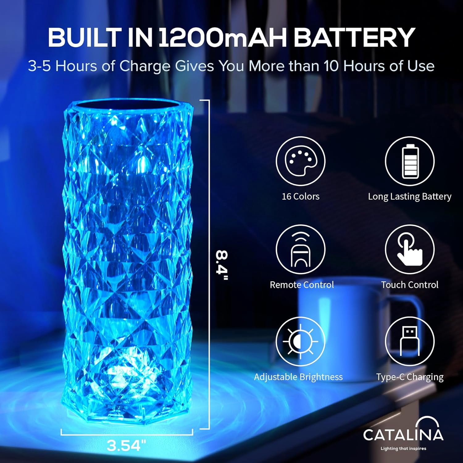 Catalina Lighting Prismatic 8.4'' Color Changing Rechargeable Table Lamp with Clear Acrylic Cylinder Shade Modern Table Light Fixture for Living Room, Bedroom, or Office, Clear