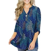 VERABENDI Women's Plus Size Tops 3/4 Sleeve Tunic Shirts A Buckle Decoration V-Neck Blouses,M-4XL