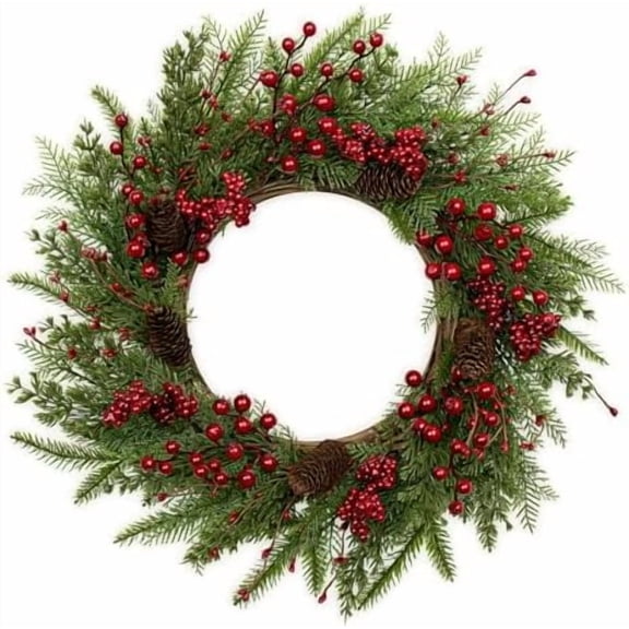 Artificial Christmas Wreath 22 Inch Christmas Wreaths for Front Door Winter Wreath with Red Berries Pine Cones Needles for Indoor Outdoor Xmas Winter Holidays