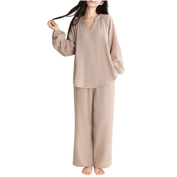 Kaemgyyd Two Piece Pajama Outfit for Women Cotton Loungewear Loose Solid V Neck Long Sleeve Tops and Wide Leg Pants