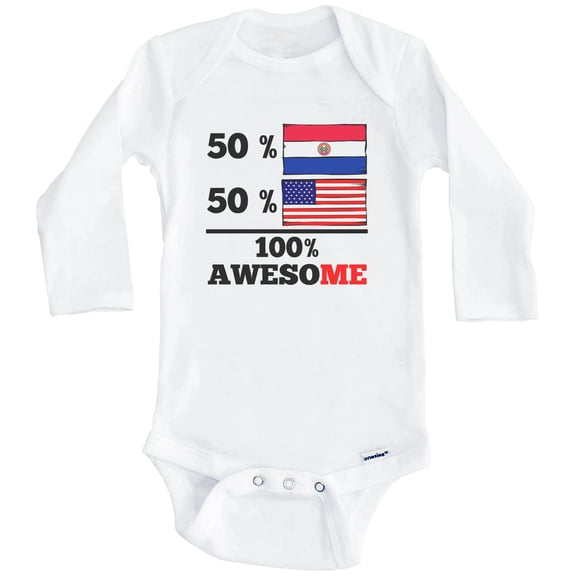 50% Paraguayan 50% American 100% Awesome Funny Paraguay Flag One Piece Baby Bodysuit (Long Sleeve), 0-3 Months White