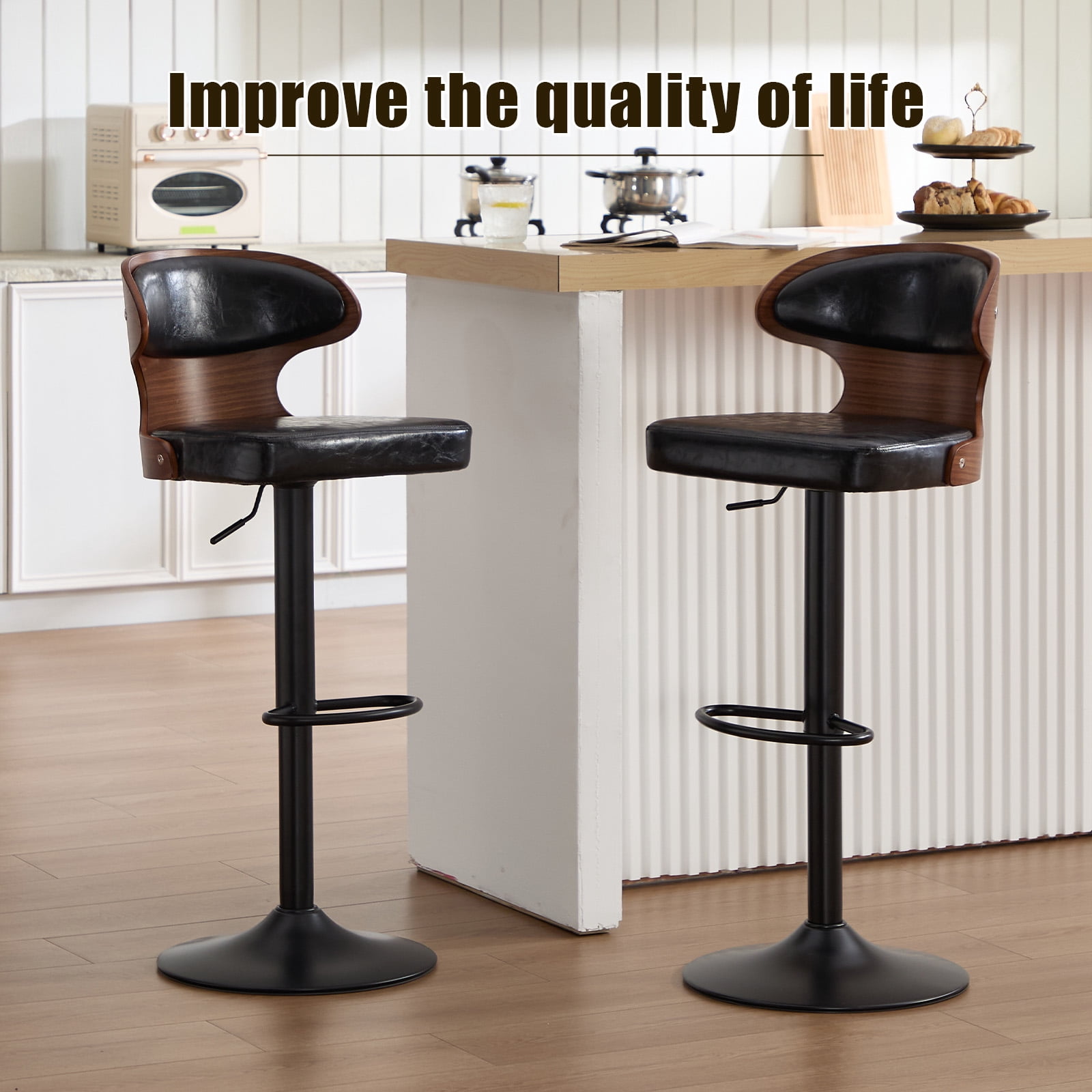 MOONMISS Swivel Bar Stools Set of 2, Wooden Kitchen Bar Chairs with Back, PU Leather Counter Height Barstools for Kitchen Island,