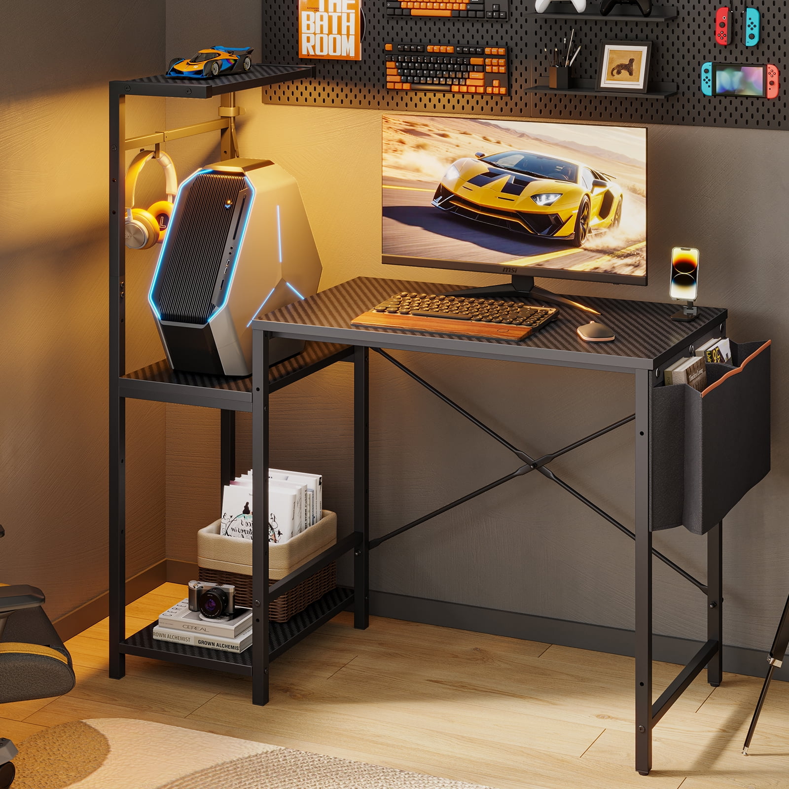 Bestier 44" Gaming Desk with LED Lights and Reversible Shelves photo 6