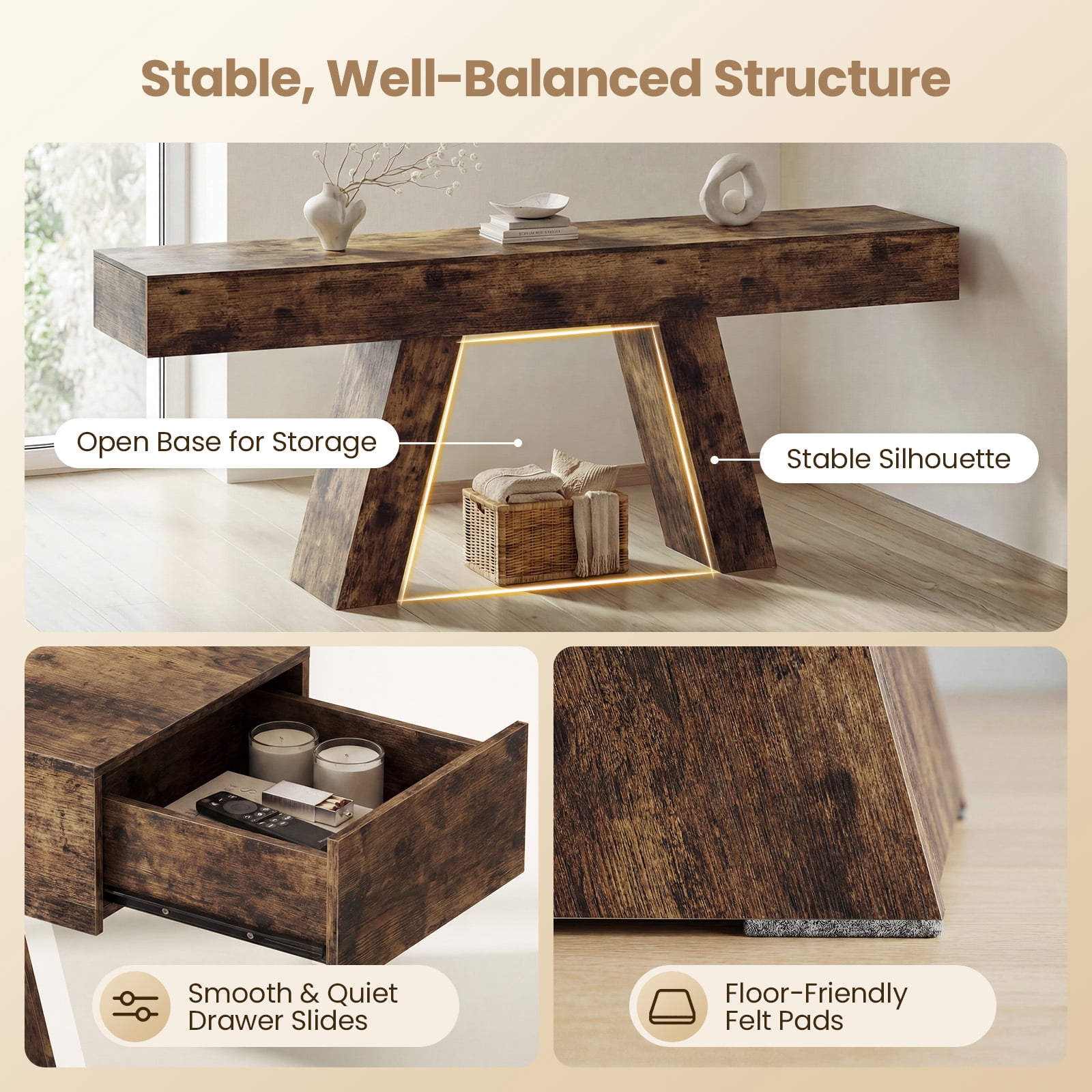 Advwin 63" Console Table with Storage Drawers, Extra Long Sofa Table for Entryway or Behind Couch, Farmhouse Narrow Hallway Table with Floor Protection Pads, Rustic Brown