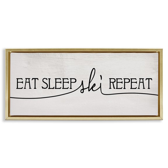 Stupell Industries Eat Sleep Ski Repeat Phrase Typography Painting Gold Floater Framed Canvas Art Print Wall Art, 25 x 11