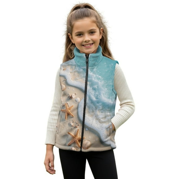 Xoenoiee Beach Starfish Seashell Print Full Zip Vest for Toddler Girls Sleeveless Winter Jacket Stand Collar Thick Warm Coat Outerwear Plus Size, 2T