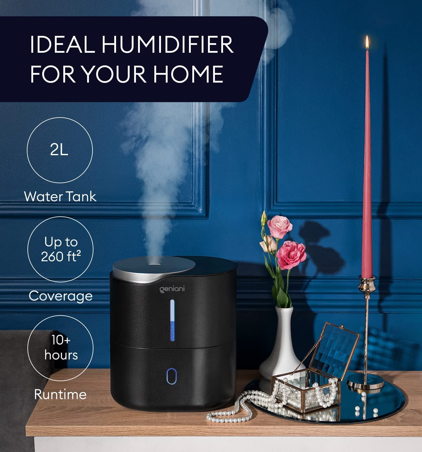 Geniani Top Fill 2L Cool Mist Humidifiers & Essential Oil Diffuser for Home - Smart Aroma Ultrasonic Air Humidifier for Large Room, Bedroom, Baby, Kid - Easy to Clean & Fill, Auto Shut Off, Quiet