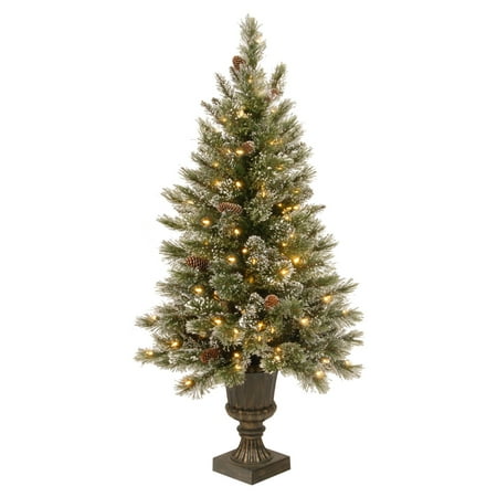 National Tree Pre-Lit 5' Glittery Bristle Pine Entrance Artificial Christmas Tree with White Tipped Cones in a Dark Bronze Urn with 150 Clear