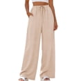 thumbnail image 2 of Cagogo Women Plus Size Wide Leg High Waisted Pants with Pockets Casual Solid Lounge Long Trousers for Party Flowy Summer Work, Beige L, 2 of 9