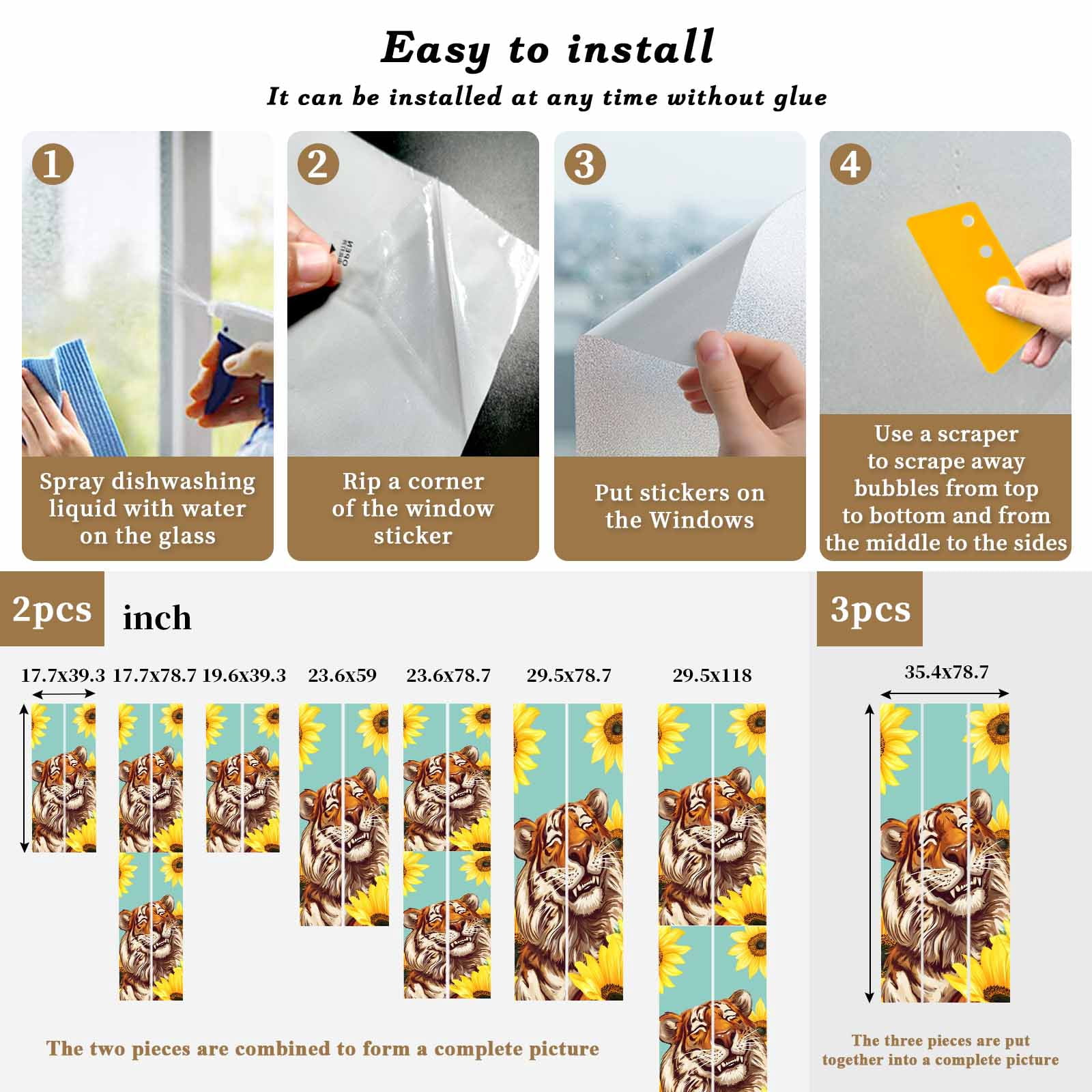 Funny Tiger Sunflower Window Privacy Film, Cartoon Summer Animal Floral Frosted Glass Window Clings Static Cling UV Heat Blocking Reusable Door Sticker for Bathroom 23.6 x 59 Inch