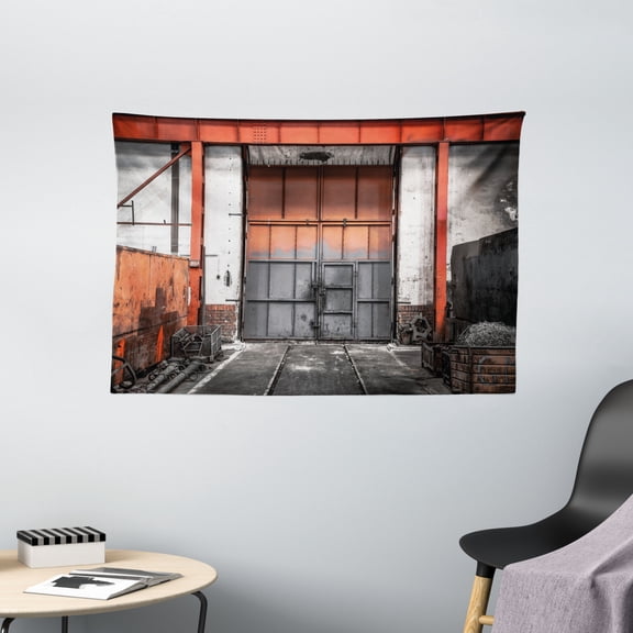 Industrial Decor Tapestry, Worn Out Metal Gate Entrance Grungy Structure Rustic Architecture, Wall Hanging for Bedroom Living Room Dorm Decor, 60W X 40L Inches, Orange Grey White, by Ambesonne