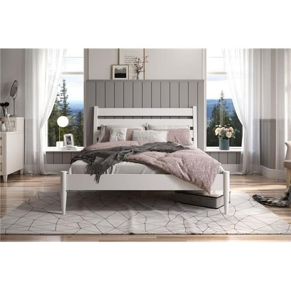 Mid-Century Modern Platform Bed, - Queen Size - White Finish