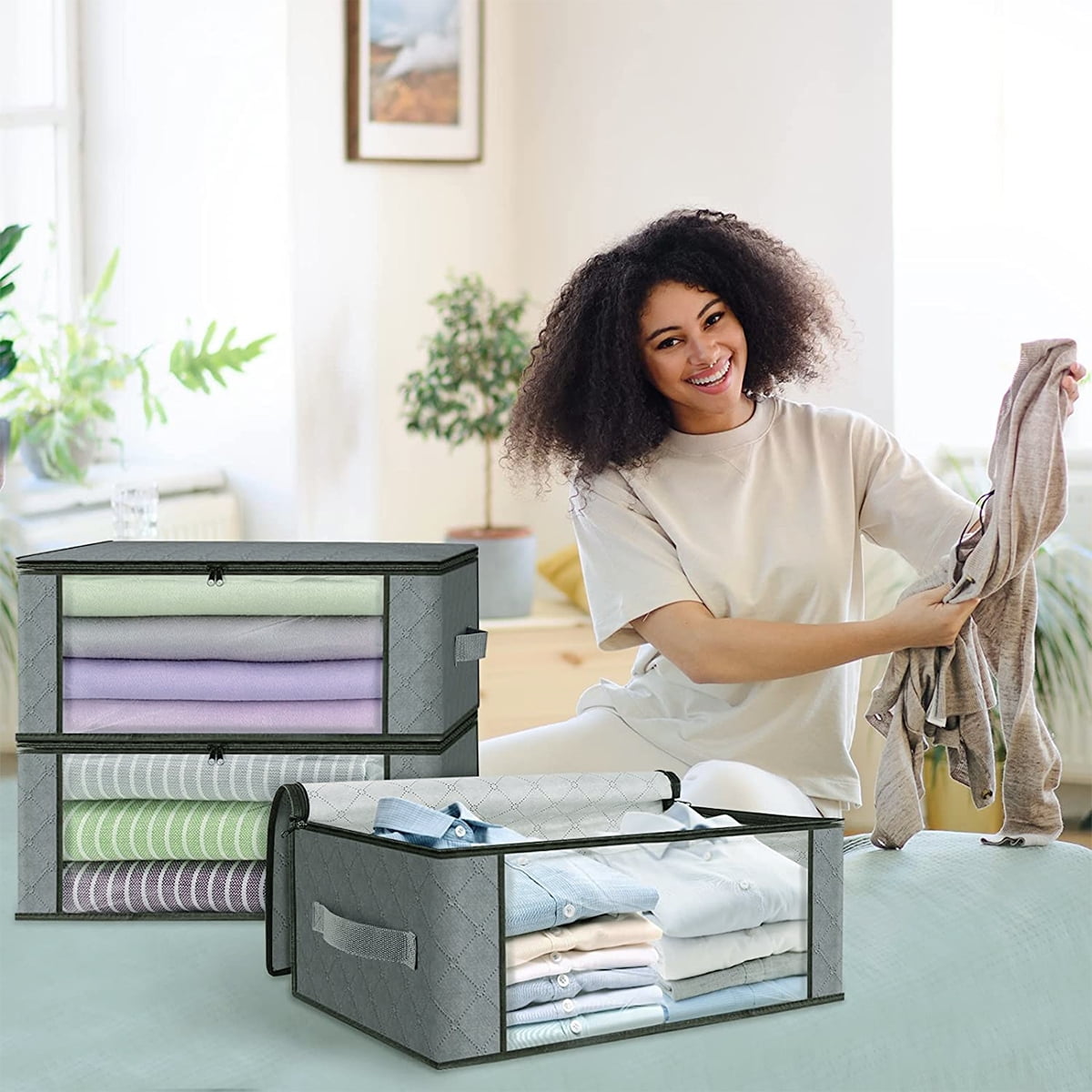 Rirool Foldable Storage Box, 6 Pack Clothes Organizer with Clear Windows, Sturdy Handles Storage Bag 19.7 x 13.78 x 7.87 inches, Gray