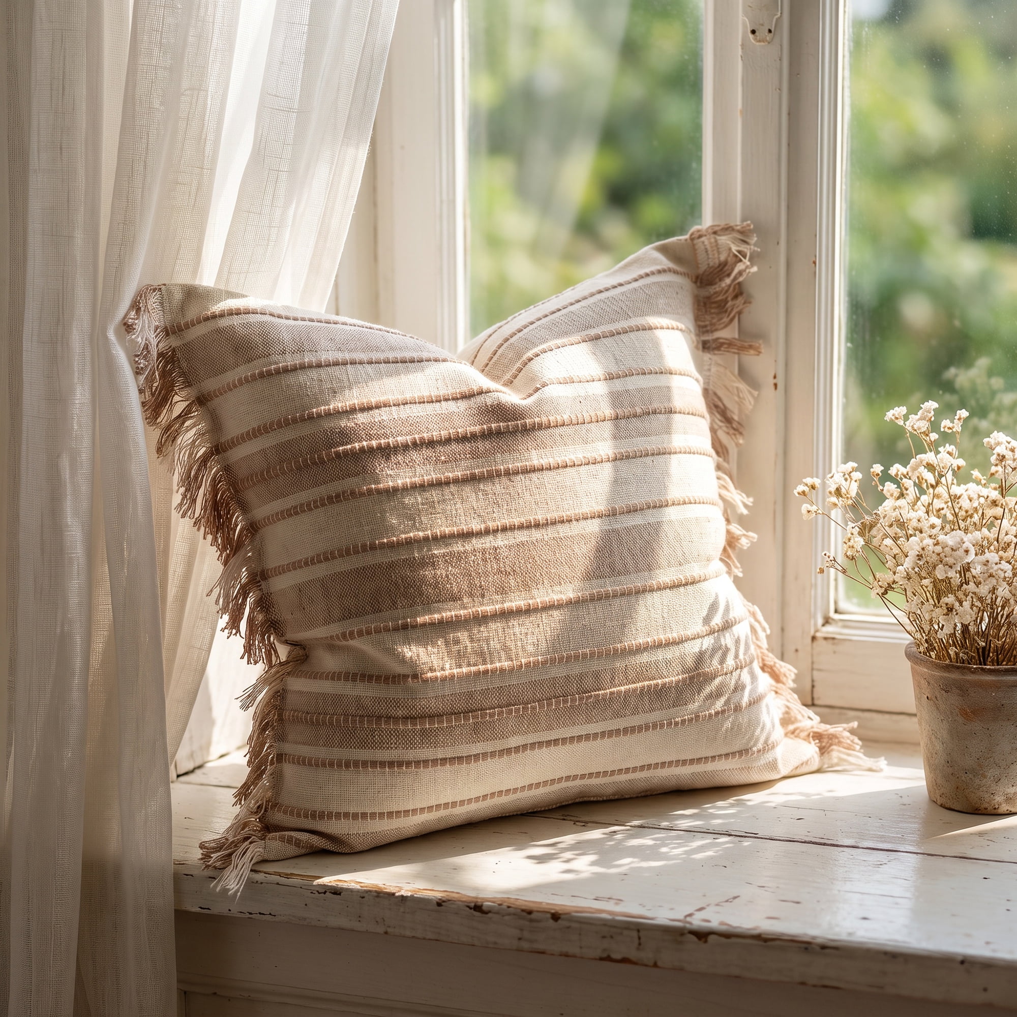 Unique Bargains Boho Stripe Throw Pillow Covers 2 Pack Tassel Cushion Cases Khaki 18"x18"