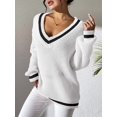 thumbnail image 2 of Women Teen Baggy Fashion Striped Long Sleeve Knit Tops Fall Winter Vneck Pullover Preppy Clothes White S, 2 of 6