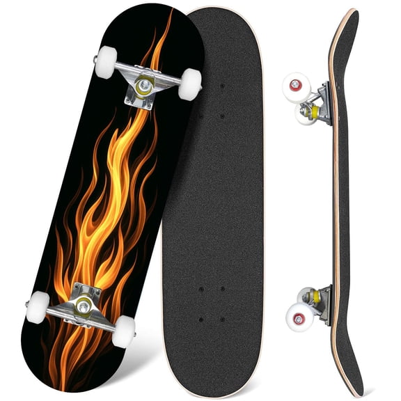 31'' Complete Skateboard 7 Layer Canadian Maple Double Kick Deck Skateboards burning torch fire royalty free photos Skate Board for Beginner Adult Gifts