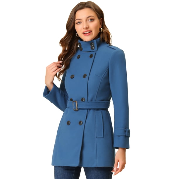 Abrigo de invierno con cinturón y bolsillos con doble botonadura y cuello alto para mujer azul polvoriento S