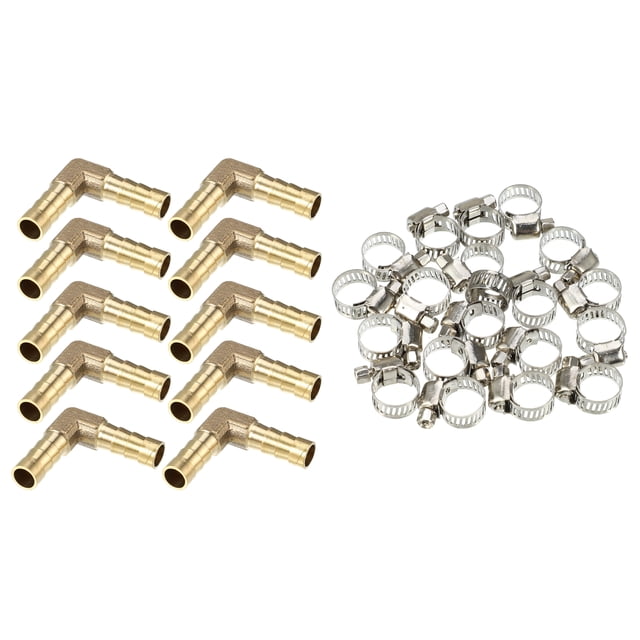 Conector de manguera de latón Unique Bargains 10 Set 8mm en forma de L con abrazaderas