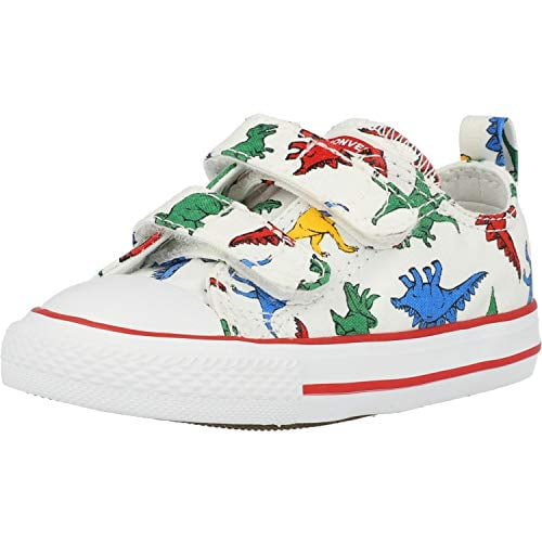 Converse Boys Infants' Chuck Taylor All Star Dinoverse 2V Low Top Sneaker, White/Enamel Red/Totally Blue, 8 M US Toddler