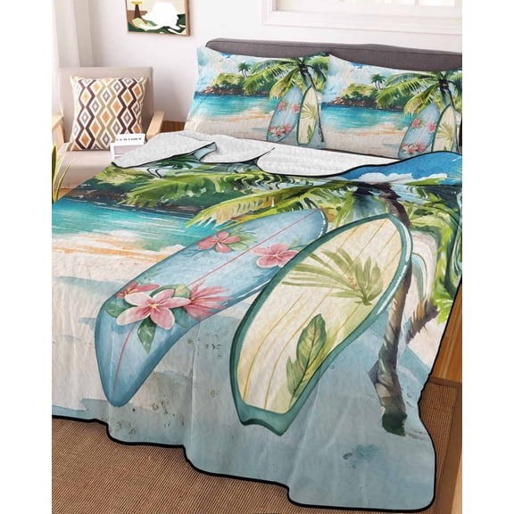 Summer Beach Full Size Down Alternative Comforter, Lightweight Comforter Quilt Bedding Set with Pillow Shams Tropical Coastal Palm Tree Surfboard All Seasons Bed Comforter Duvet Insert 78"x90"