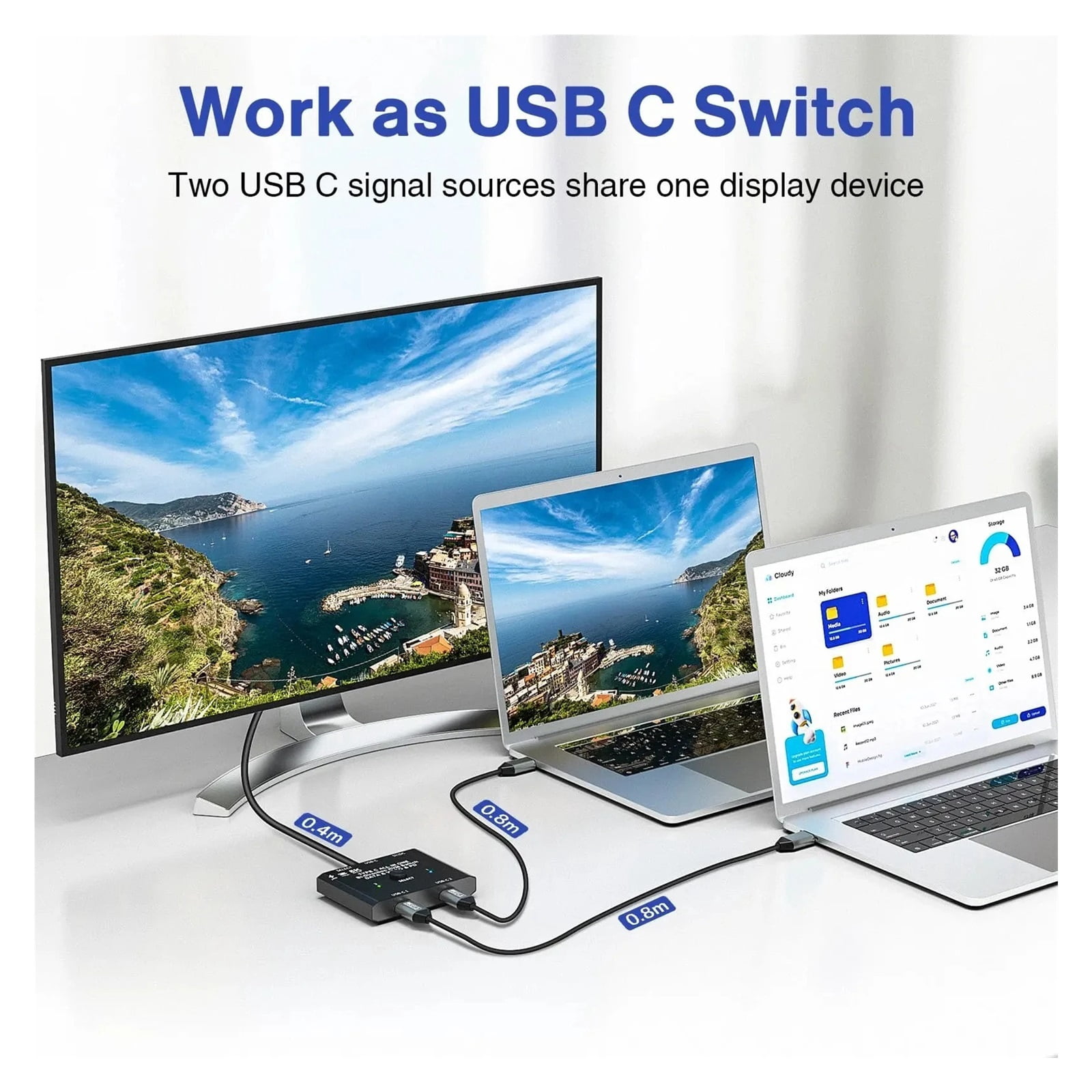 USB C Switch USB Type C KVM Switcher 8K@60Hz 4K@120Hz Video/10Gbps Data Transfer PD 100W Charging Compatible