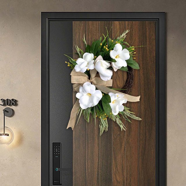Coronas de Magnolia artificiales de 45cm para colgar en la puerta delantera, primavera y verano, florecimiento hecho a mano para foto de vacaciones, a Soledad Corona colgante de puerta delantera