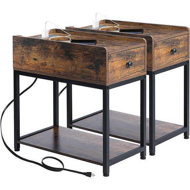 End Table with Charging Station, Narrow Nightstands Set of 2 with