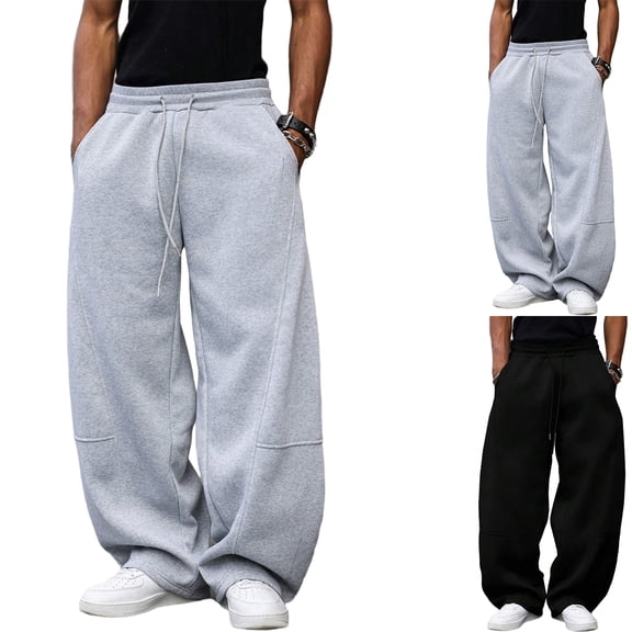 Nestiefly Men's Baggy Sweatpants Wide Leg Lounge Pants Drawstring Waist Loose Fit Cotton Jogging Sweat Pants with Pockets Light Gray S