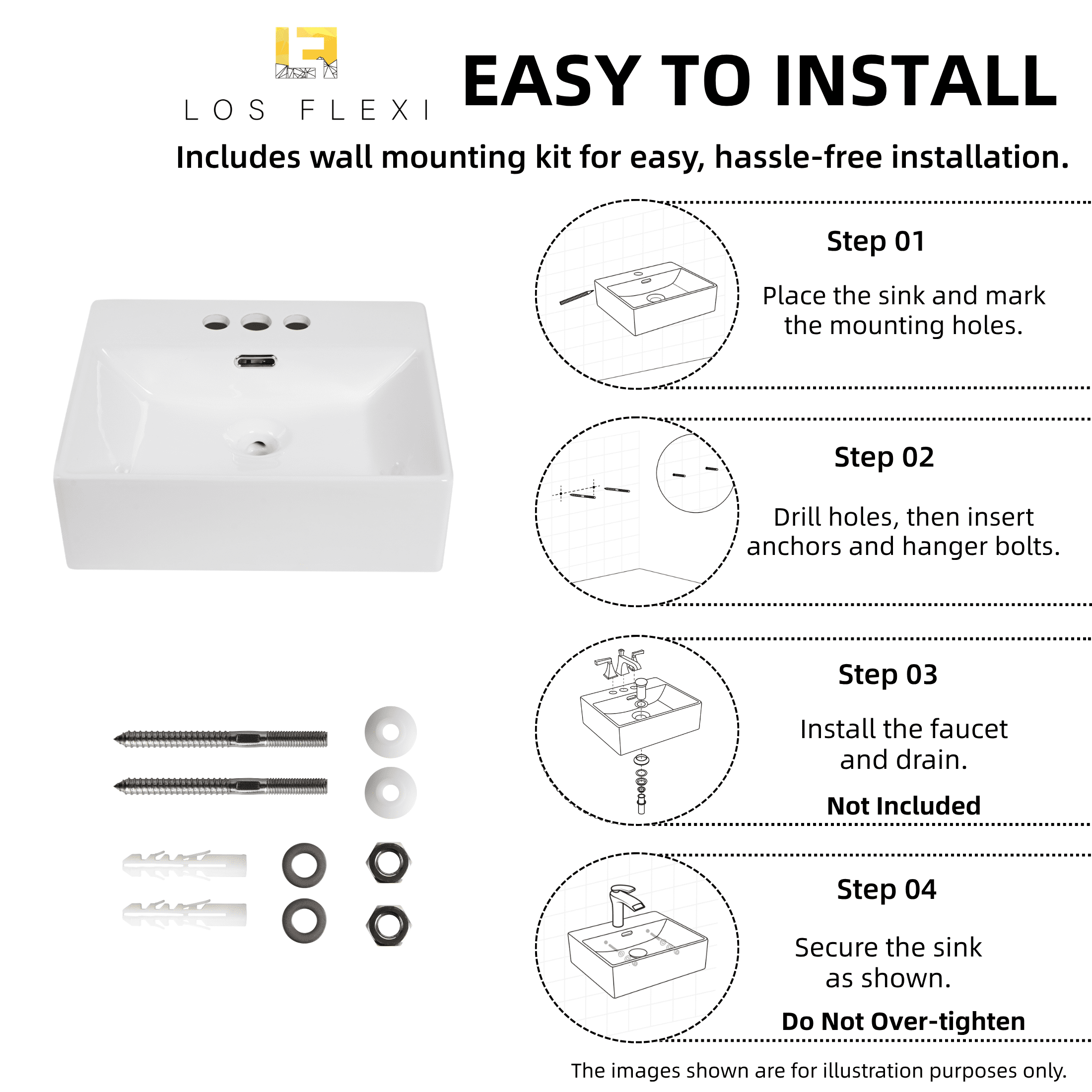 Los Flexi 16" x 14" Wall Mounted Bathroom Sink with 3 Pre-Drilled 4-Inch Faucet Holes, White Rectangular Ceramic Sink with Overflow for Small Bathrooms