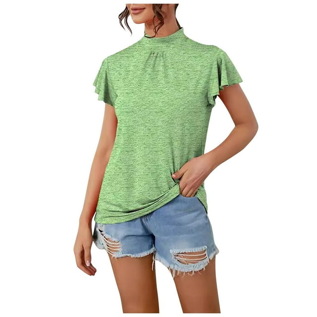 AherBiu Plus Size Tops for Women Summer Casaul Trendy Ruffle Sleeve Tops High Neck Loose Comfy Shirts