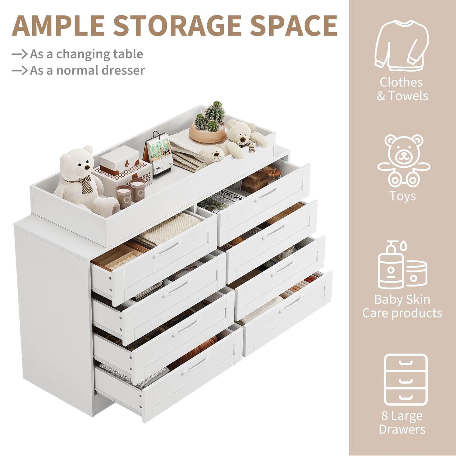 Roromall 8 Drawer Dresser, Changing Table with 8 Drawer, Charging Station, Modern Wood Storage Organizer for Bedroom, Living Room