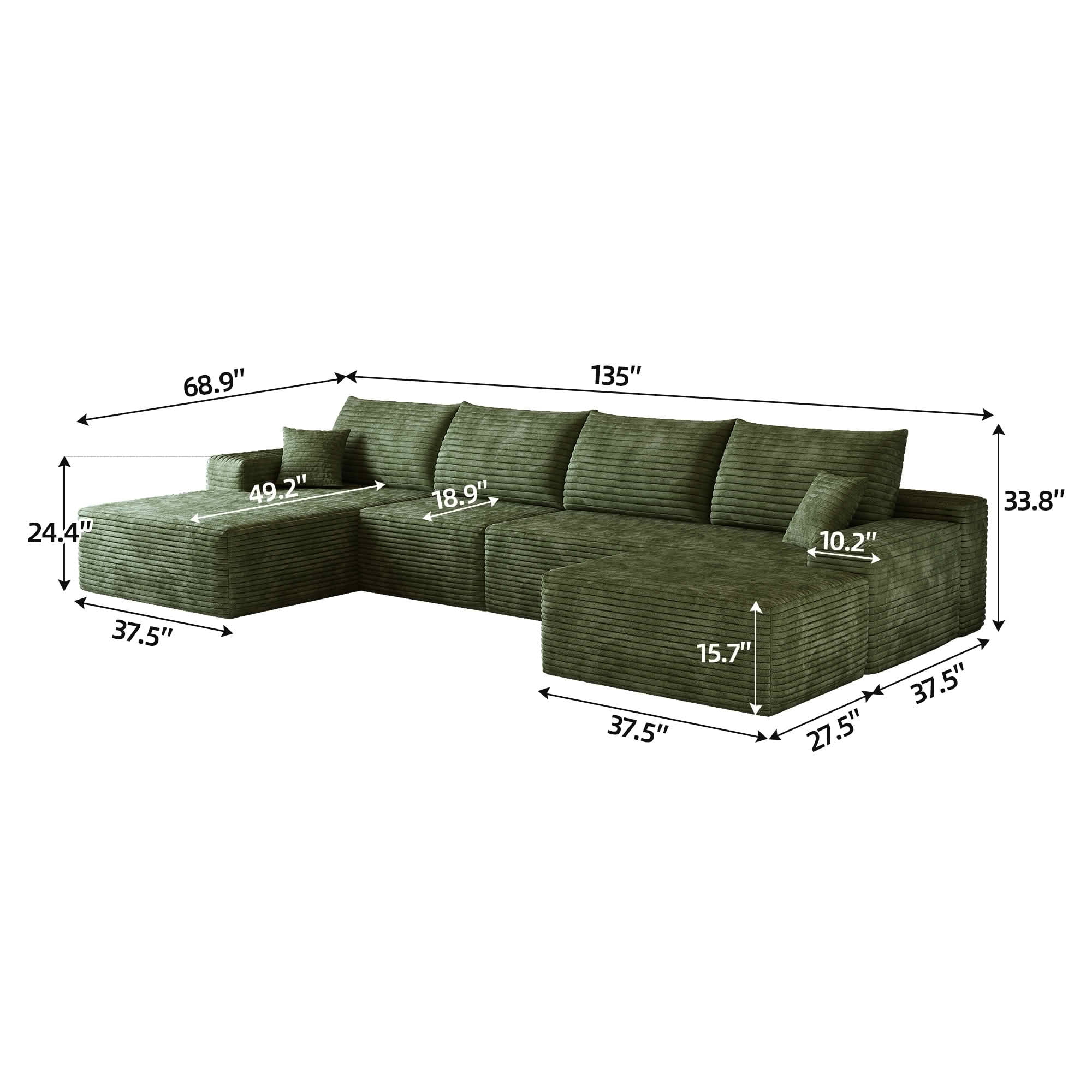 MAYEERTY 135 Inch U‑Shaped Cloud Modular Sectional Sofa with 1 Ottoman, Modern Deep‑Seat Corner Couch, Plush Corduroy Reversible Sofa, No‑Assembly for Living Room Bedroom Apartment
