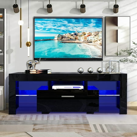 Black TV Stand with 16 Colors LED Remote Control Lights, TV Console Cabinet Table for TVs up to 55", Media Console Entertainment Center for Living Room with Storage and Shelves