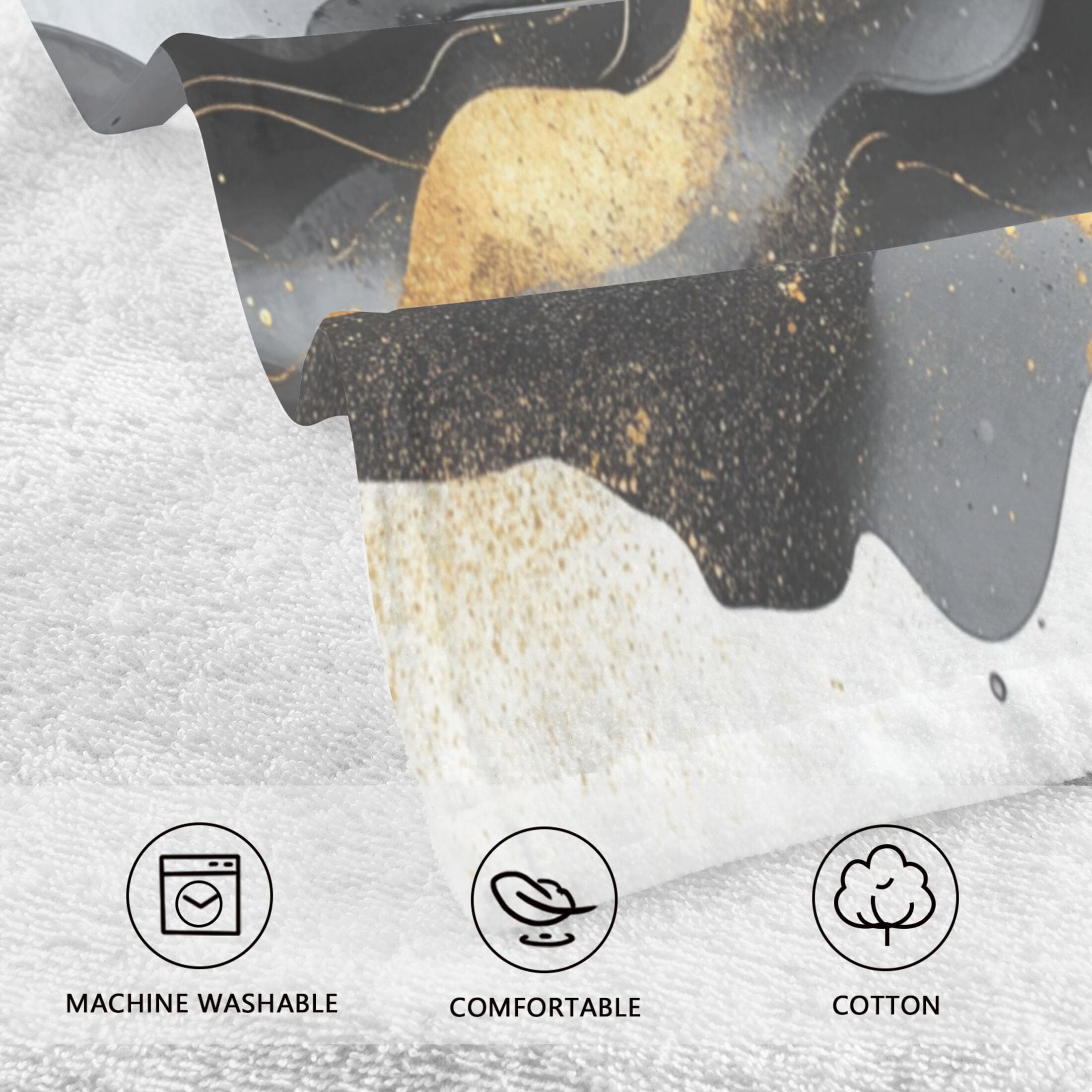 2 Pcs Absorbent Face Towel Bath Hand Towels Soft Breathable Cotton Towel Set for Bathroom Kitchen Hotel Spa Decor Black and Gold Shapes