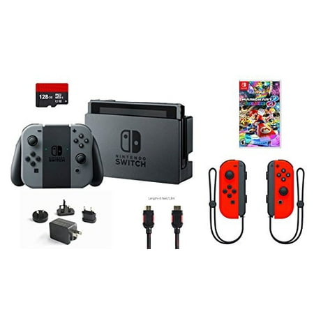 Nintendo Switch 6 items Bundle:Nintendo Switch 32GB Console Gray Joy-con,128GB Micro SD Card Nintendo Joy-Con (L/R) Wireless Controllers Neon Red,Mario Kart 8 Deluxe Mytrix HDMI Cable and Wall
