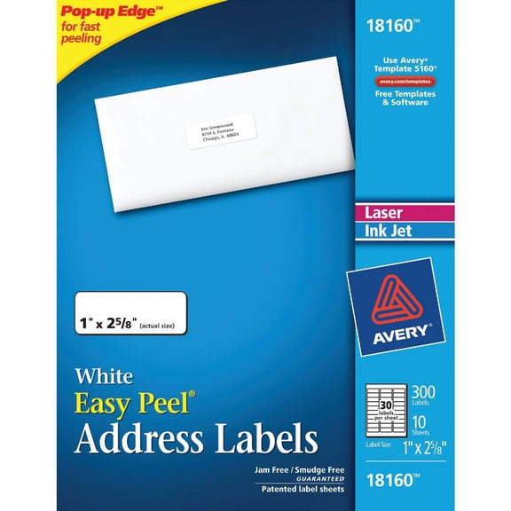 Avery Mailing Labels Laser & Inkjet 18160 - White - 300 Pack, 1 x 2-5/8 In.