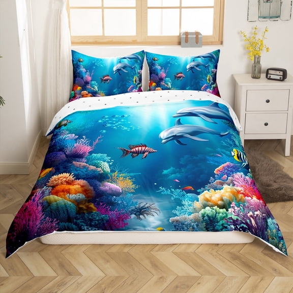 Erosebridal Marine Dolphin Comforter Cover Twin,Ocean Wildlife Bedding Twin Size,Marine Decoration,Reversible,2-Piece(No Comforter)